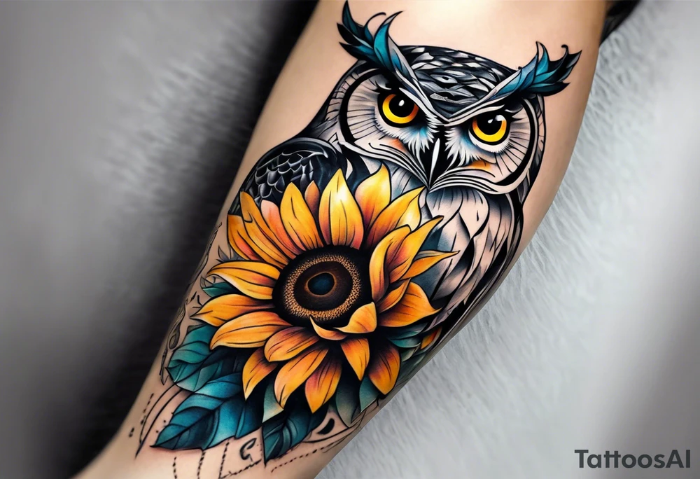 Leg sleeve with colorful sunflowers and an owl tattoo idea