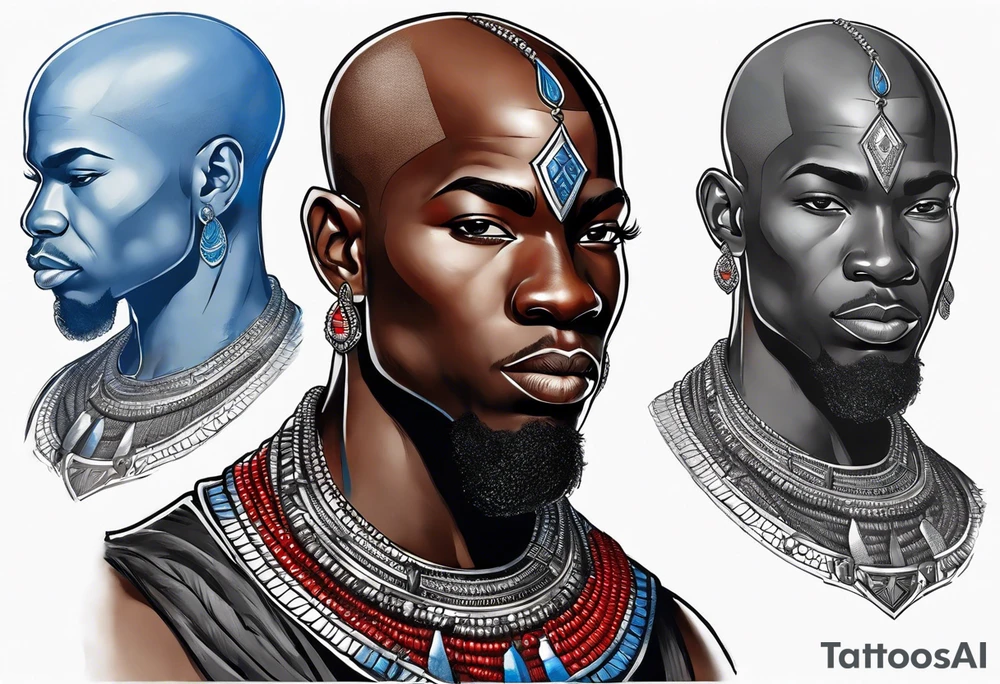 Black-skinned bald african warrior. He wears a simple and small silver crown. He uses two simple necklaces: one blue, other red. tattoo idea