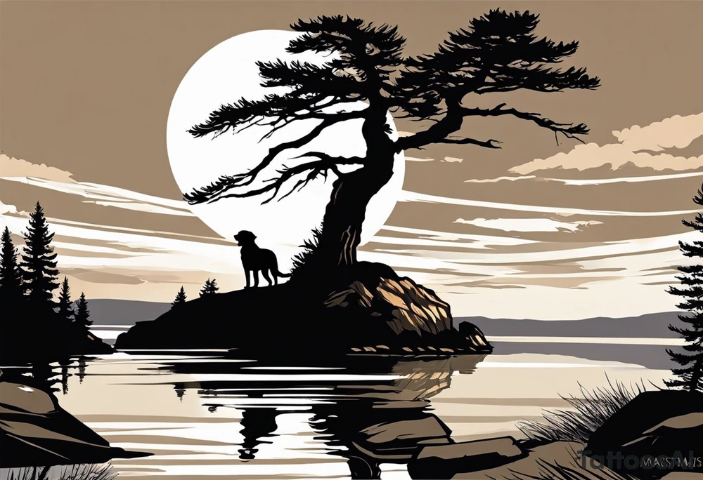 Sleeve tattoo windswept pine tree before lake with low rockface on far side of lake. Mastiff silhouette in the foreground. with a dock coming out from the shore. Canadian shield. 
Script write the words "If the sun refused to shine
I would still be loving you
When mountains crumble to the sea
There will still be you and me" tattoo idea