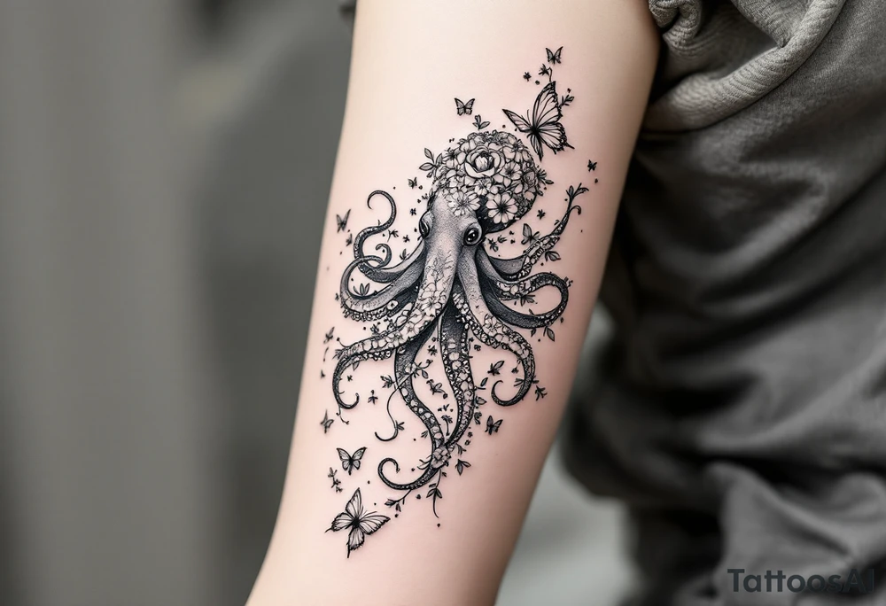 A fine-line tattoo design of a single octopus made entirely of flowers and butterflies. The octopus’s tentacles are shaped like flowing floral vines with leaves and petals, and its body is composed of overlapping blossoms and butterfly wings. Incorporate sacred geometry. The style is minimalist, elegant, and nature-inspired, with delicate black and grey lines, soft shading, and no outlines. No aquatic or marine elements besides the floral octopus. The design flows organically down the upper arm or shoulder, with a light, airy, and poetic feel. tattoo idea