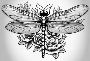 cap sleeve tattoo of a barbed wire dragonfly and a spray of bouganvillia tattoo idea