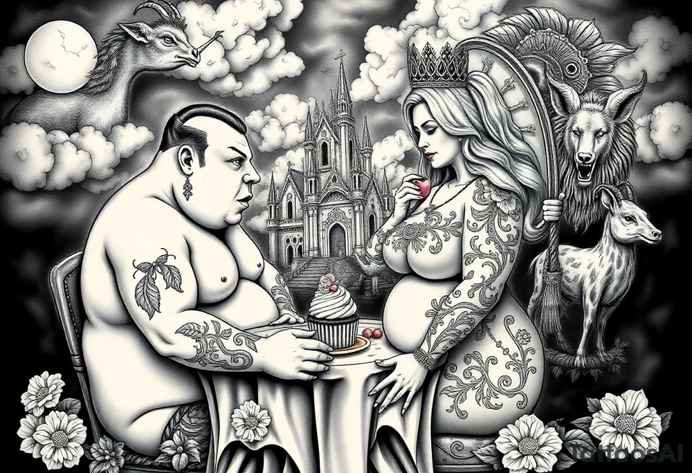Naked Man and fat woman having sex eating cupcakes and  fruit  having sexy naked fat lady having a tea party with tea pots  swith fancy castle  
with mystical  a pigs, peacock,  lion, goat, noose and smoking cigerettes looking in the mirror thru storm clouds and broken hearts and darkness and wrath, envy , gluttony, greed, sloth, pride . Gothic tattoo idea