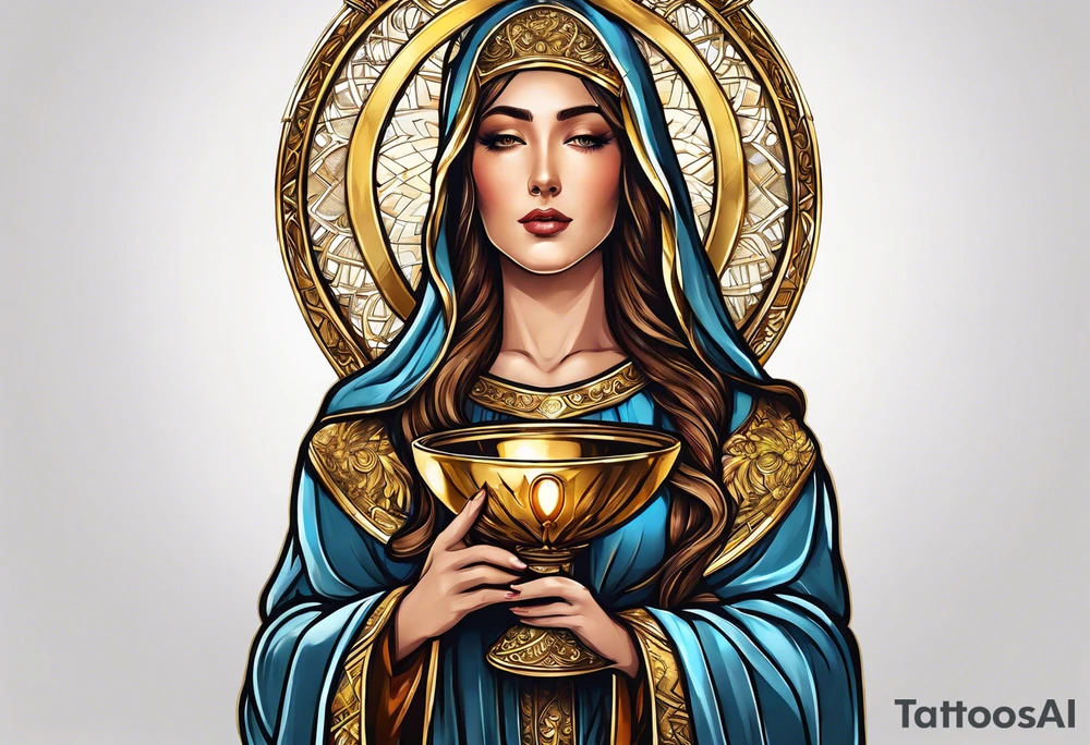 holy saint woman turned away with golden halo holding a chalice tattoo idea