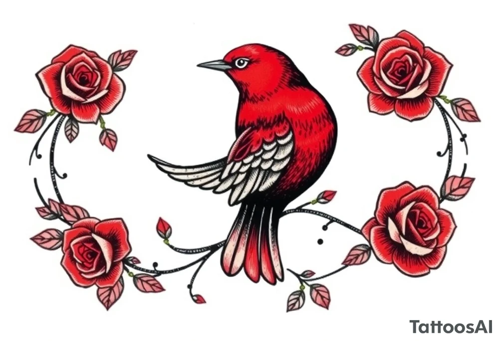 Vintage lace, red roses, red bird, vintage, wrap around, tighter together, no space open tattoo idea