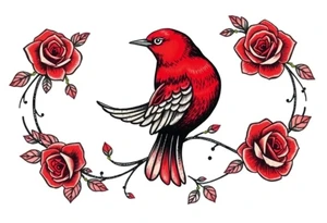 Vintage lace, red roses, red bird, vintage, wrap around, tighter together, no space open tattoo idea