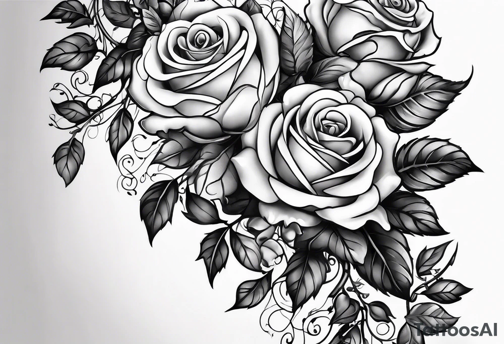 draw image of sleeve tattoo that has 65 small roses on a vine, they can be different sizes, tattoo idea