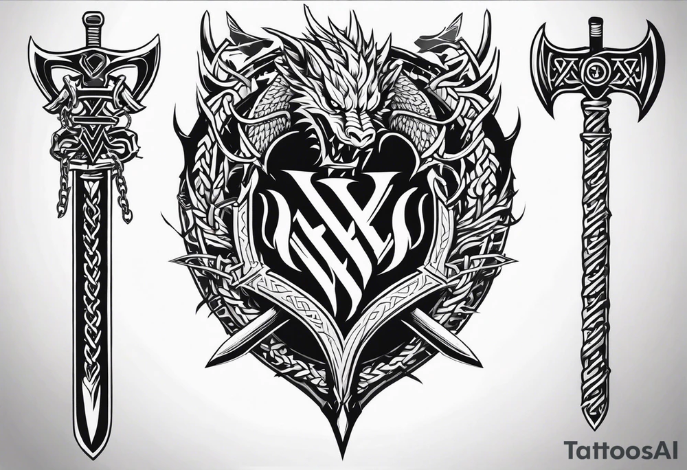 Valhalla sword shield dragon axe Valknut barbed wire chains tribal tattoo idea