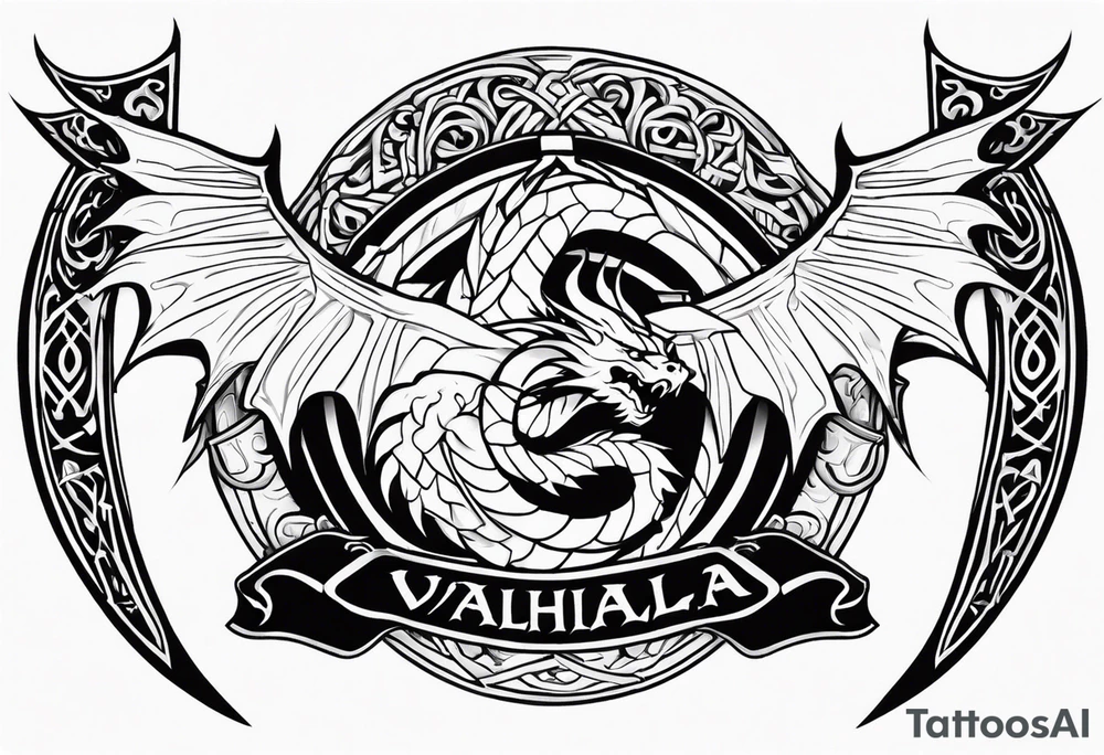 Valhalla sword shield dragon axe valkyrie tattoo idea