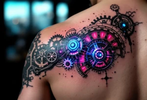 A biomechanical arm tattoo where gears spin under translucent synthetic skin lit with neon pink and cobalt blue veins. tattoo idea