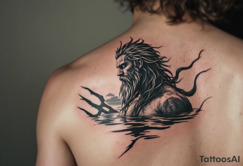 fit poseidon, with trident, in calm water, looking at the sky tattoo idea