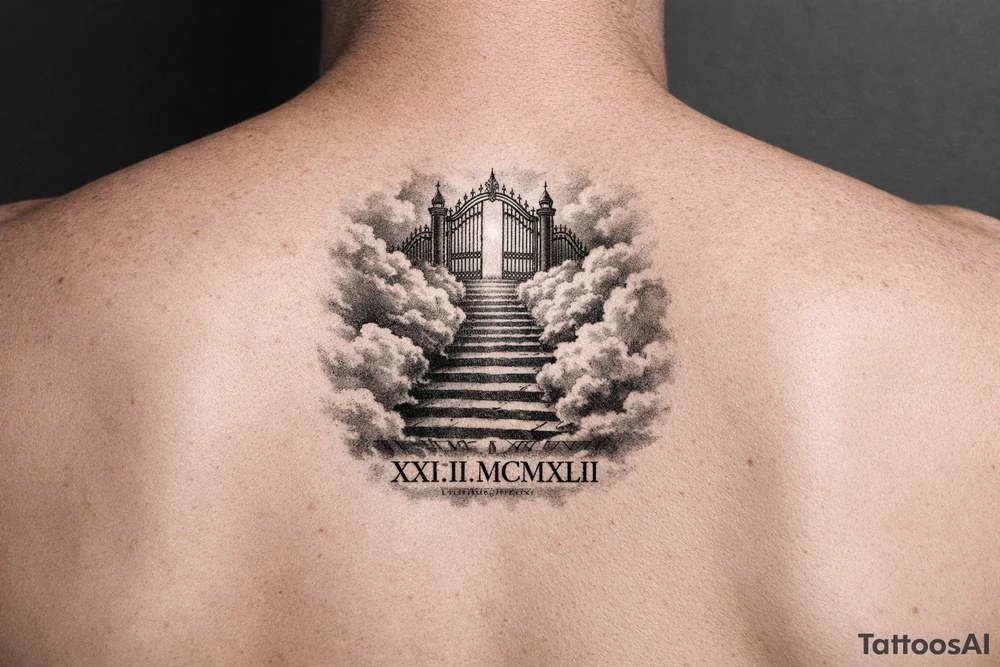 Stairway to heaven, with clouds surrounding the stairs, and the gate being at the top. A date, below the stairs, in Roman numerals 21.02.1942. The tattoo is going on the forearm, but the outside part. Also, it should be realistic, and through the whole forearm. tattoo idea