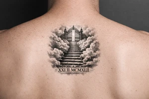 Stairway to heaven, with clouds surrounding the stairs, and the gate being at the top. A date, below the stairs, in Roman numerals 21.02.1942. The tattoo is going on the forearm, but the outside part. Also, it should be realistic, and through the whole forearm. tattoo idea