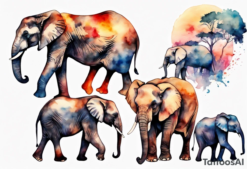 family of 6 elephants walking into sunset tattoo idea