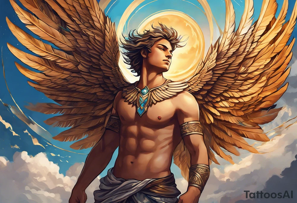 "Create a tattoo design of Icarus with wide, detailed wings, depicted in an ascending flight position. His face reflects a mix of determination and euphoria. The sun shines brightly in the background, symbolizing his ambition. Some feathers from his wings are falling to represent the fragility of his dreams. The design includes dynamic clouds and abstract patterns to add depth and movement, capturing the essence of Icarus's myth while maintaining an artistic and stylized approach." tattoo idea