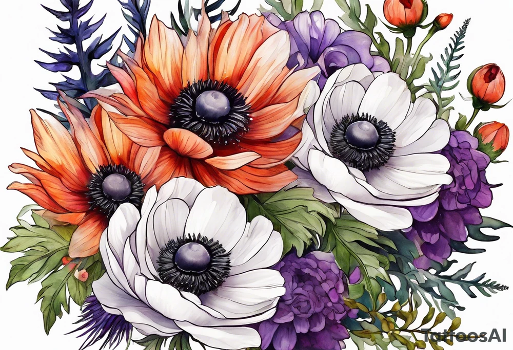 a white anemone with black center with cascading thistles, ferns, ranuculus, and sun flowers, red flowers, orange flowers, purple flowers all in watercolor tattoo idea