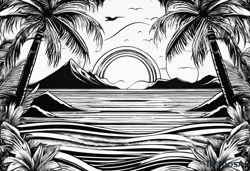 palm tree front of a sun and waves tattoo idea