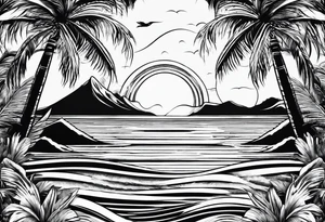 palm tree front of a sun and waves tattoo idea