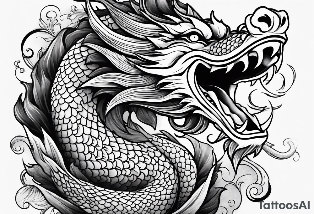 Chinese dragon mouth closed, koi, floral, black, shoulder tattoo idea
