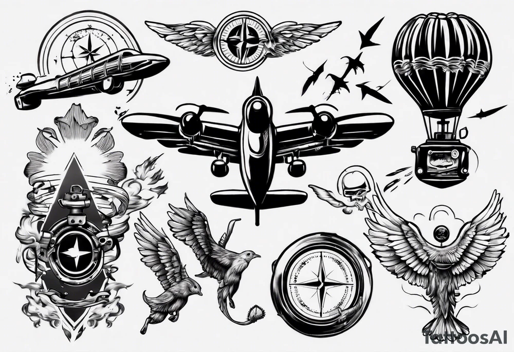 skydiving, shooting guns, compass, adventure tattoo idea