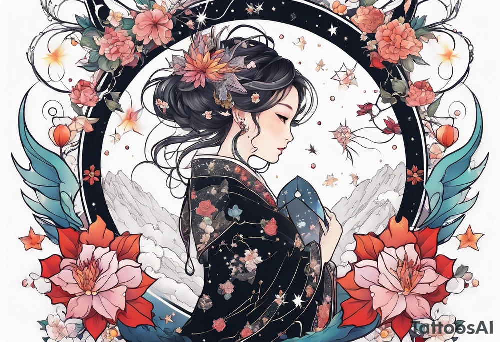 Constellation, wing , snow , cross , dragon female japan kawaii , flower tattoo idea