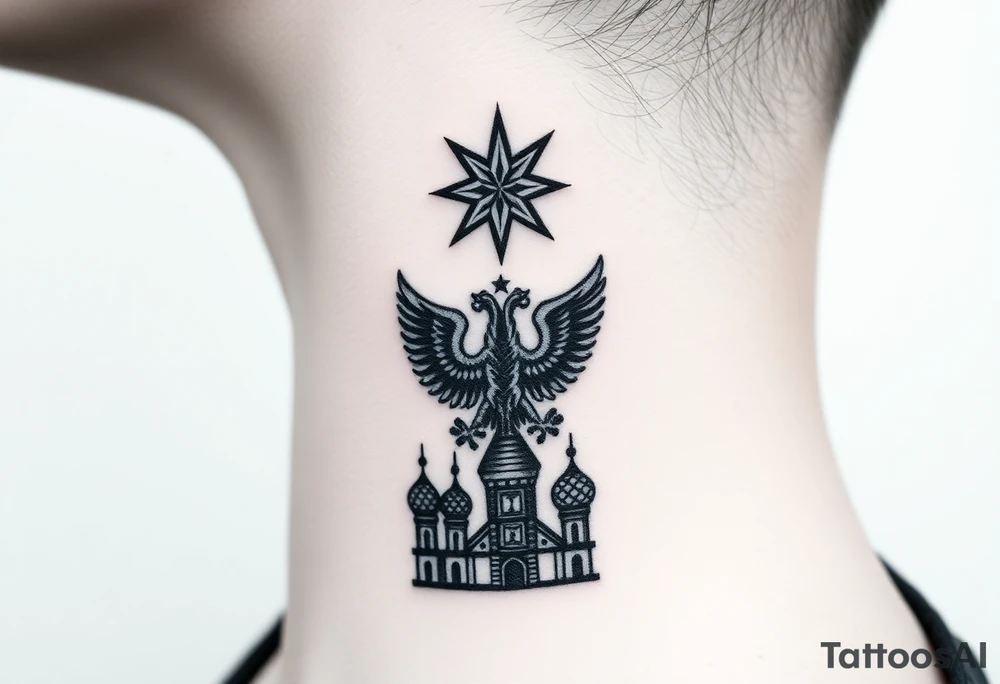 Stacked Vertical Column 

Russian star — small, bold
Middle: Miniature double-headed eagle — simplified, cleaner lines to suit the smaller space
Bottom: Orthodox church dome(s) with a small Virgin Mary silhouette beneath tattoo idea