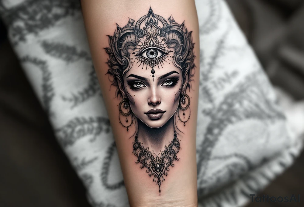 beautiful woman dmt deity with 3rd eye open tattoo idea