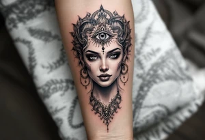 beautiful woman dmt deity with 3rd eye open tattoo idea