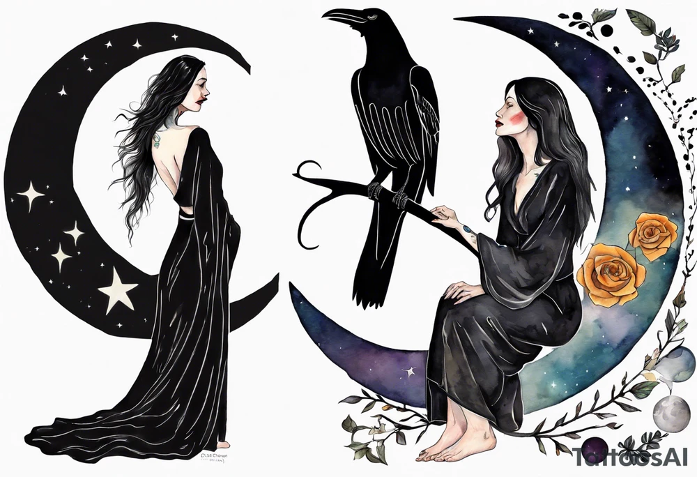 a beautiful 50 year old Dakota woman with pale skin wearing a black robe, standing on a crescent moon with bare feet, a raven on her shoulder tattoo idea
