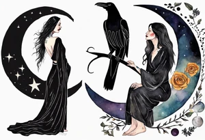 a beautiful 50 year old Dakota woman with pale skin wearing a black robe, standing on a crescent moon with bare feet, a raven on her shoulder tattoo idea