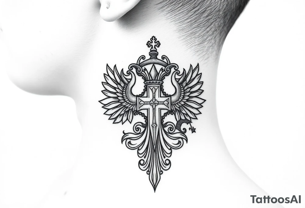 russian coat arms in a russian christian orthodox cross with the cross in the middle with a virgin mary & orthodox dome church on the side of the neck tattoo idea