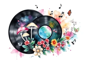 vinyl record with mushrooms, flowers, and music notes tattoo idea