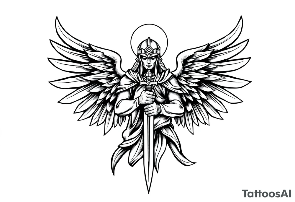 Holy Archangel, Biblical, Christianity, Hebrew, Guards of Christianity, Holding a sword, having six wings, wearing helmet, halo, seraphim, seek justice, walk only with God tattoo idea