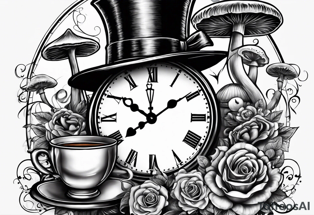 Clock, spade, heart, mushroom, key, doorknob, chesire cat, top hat, tea set tattoo idea