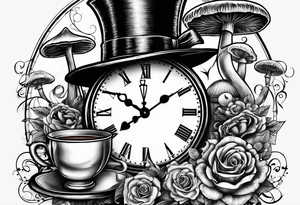 Clock, spade, heart, mushroom, key, doorknob, chesire cat, top hat, tea set tattoo idea