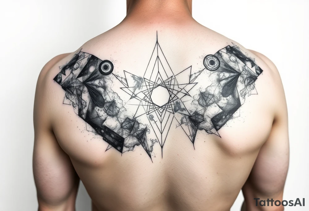 nebula that covers the upper middle back and is geometric that also uses negative spaces tattoo idea