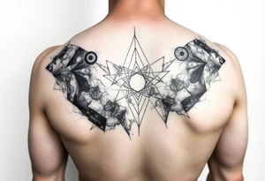 nebula that covers the upper middle back and is geometric that also uses negative spaces tattoo idea