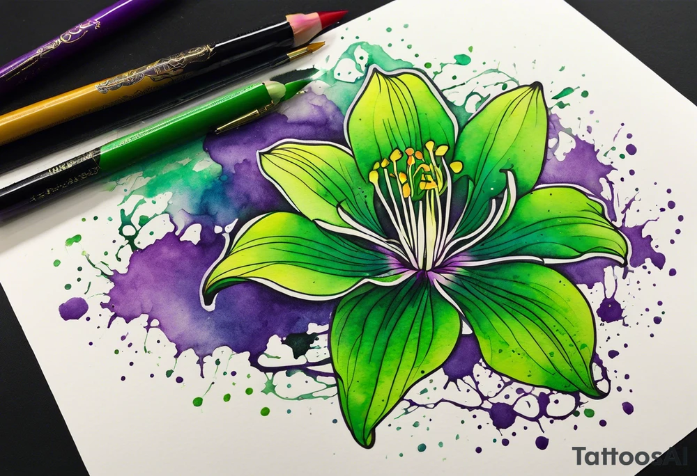 A mystical outline of a green rio dipladenia flower and a green/purple watercolor splatter in the background tattoo idea