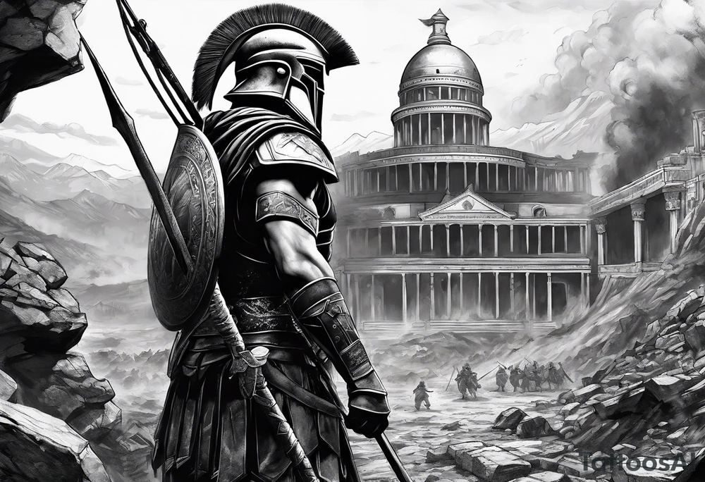 Spartan soldier looking at burning ruins tattoo idea