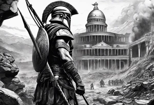Spartan soldier looking at burning ruins tattoo idea