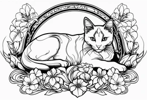 Art nouveau forearm tattoo of cat laying in flowers. tattoo idea