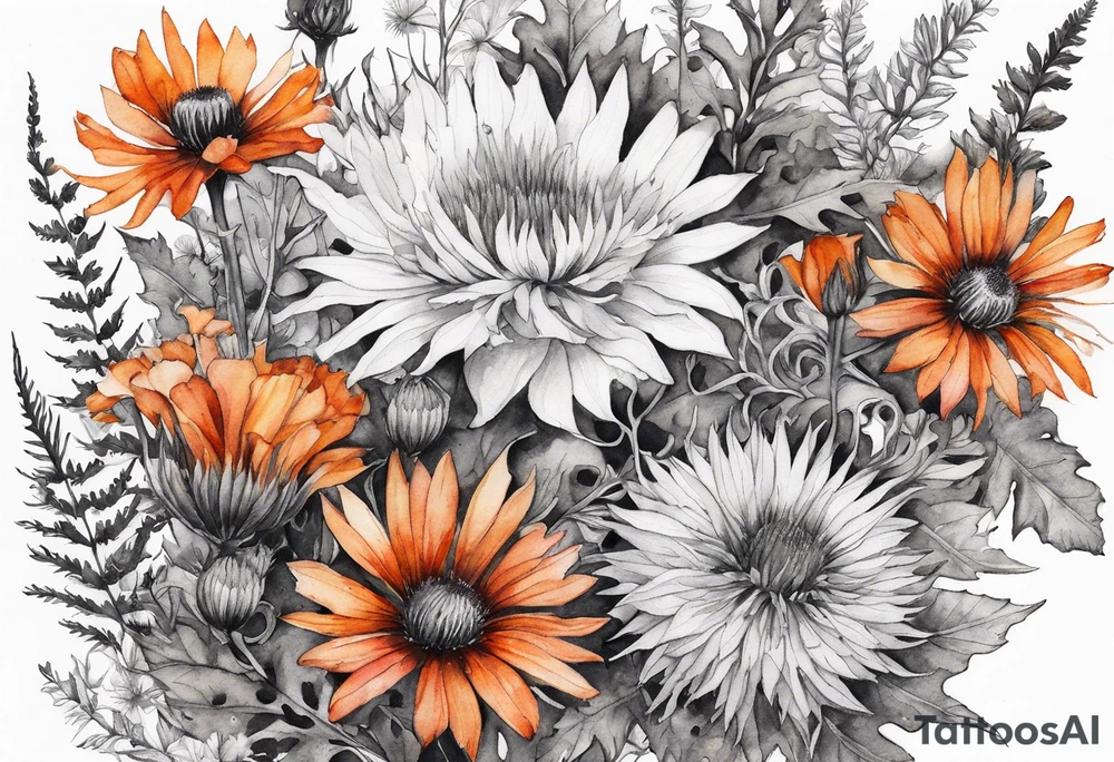 cascading mixed colored wildflowers with thistles, ferns, burnt orange flowers all in watercolor tattoo idea