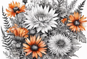 cascading mixed colored wildflowers with thistles, ferns, burnt orange flowers all in watercolor tattoo idea