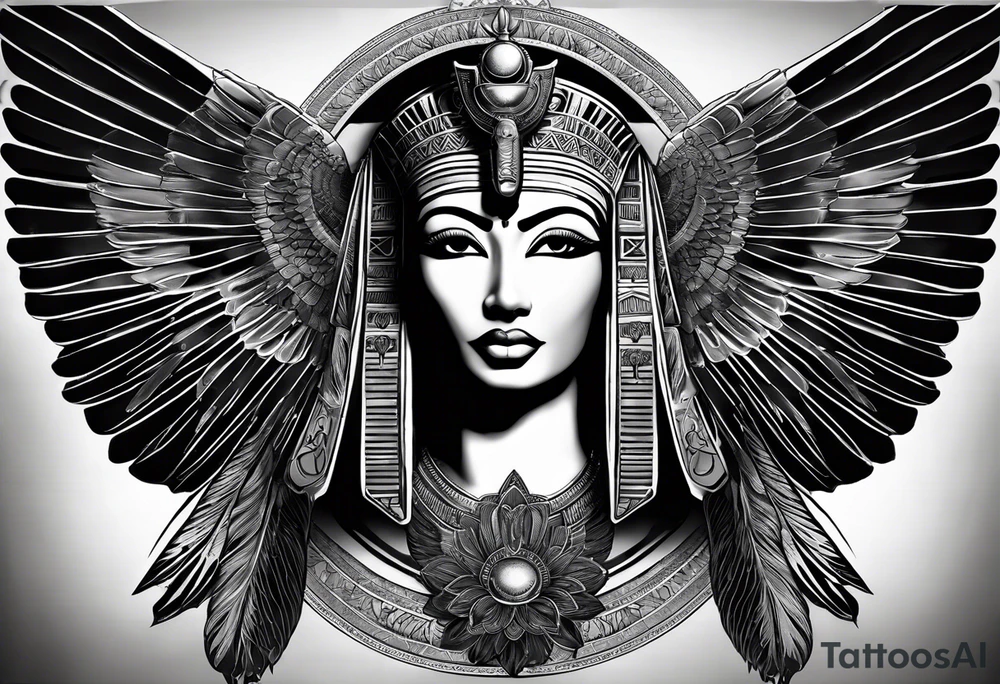 black and white Egyptian goddess Isis, who is often depicted as a woman with outstretched wings, holding an ankh (a symbol of life) in one hand and a lotus flower in the other. Her headdress often includes a throne or a solar disk. The tattoo design can vary in style and size, but it typically aims to capture the essence of this revered Egyptian deity, emphasizing her beauty, power, and maternal qualities. The choice of colors and additional elements can also be customized to create a unique and visually striking representation of the goddess Isis tattoo idea