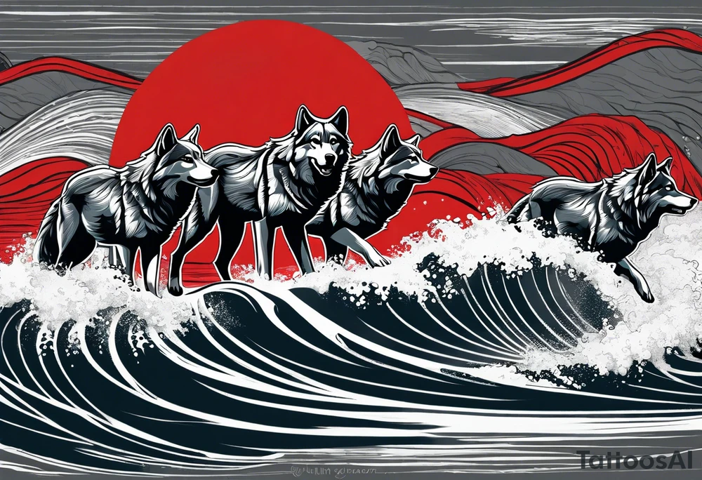 a pack of 3 howling muscular  gray wolves surfing waves with a linear background with red, white and black and gray tattoo idea