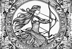 sagittarius symbol with designs for family surrounding it tattoo idea