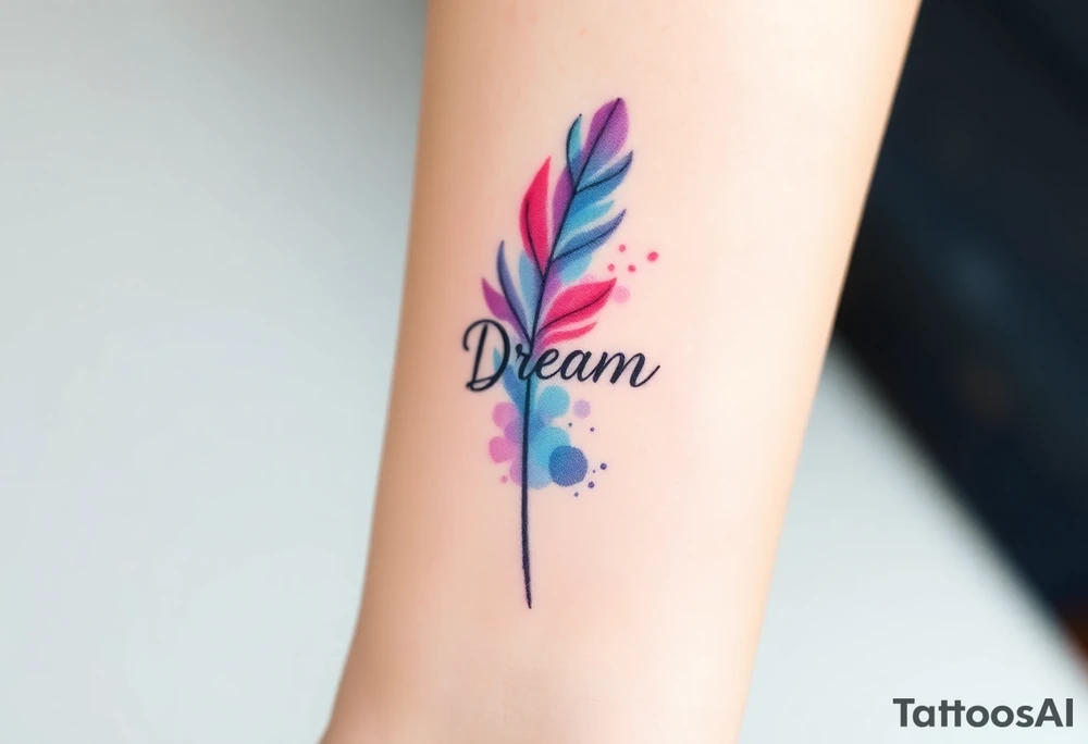 A soft watercolor feather in pastel shades of pink, blue, and lavender, with the word "Dream" gently woven into the strands tattoo idea