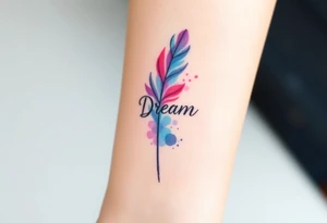 A soft watercolor feather in pastel shades of pink, blue, and lavender, with the word "Dream" gently woven into the strands tattoo idea