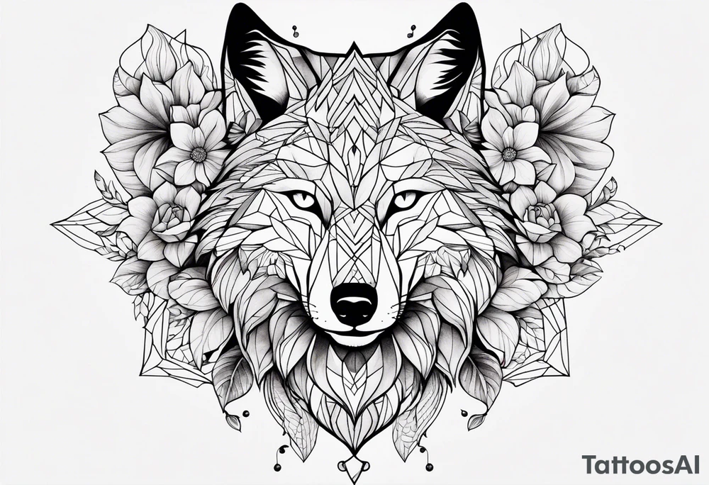 Mon tatouage serait avec des fleurs un loup des formes géométriques des ombres avec du dark tattoo idea