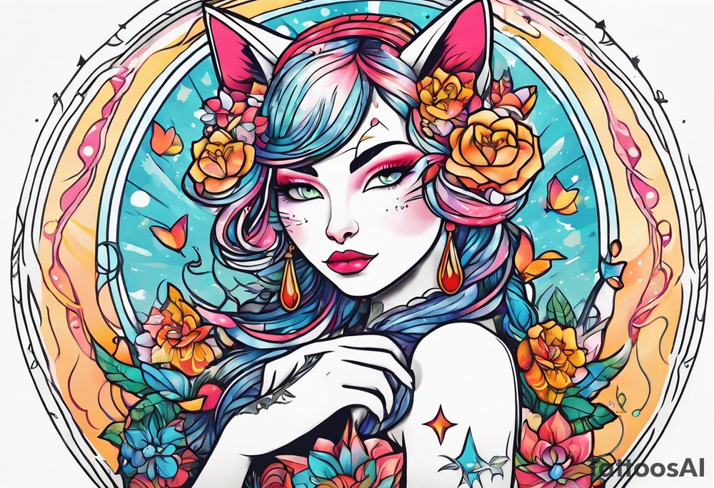 Sexy cat waifu with her ears being rubbed tattoo idea