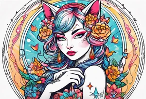 Sexy cat waifu with her ears being rubbed tattoo idea